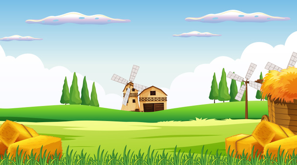 風車と納屋の図と農場のシーン - 写真・画像