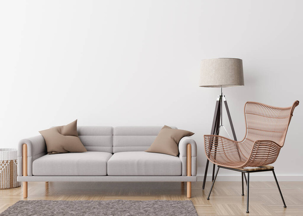 Empty white wall in modern living room. Mock up interior in contemporary, scandinavian style. Free, copy space for picture, poster, text, or another design. Sofa, rattan armchair, lamp. 3D rendering. - Photo, Image
