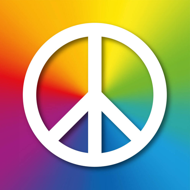 White peace symbol with shadow, on a rainbow colored background. Originally designed for the nuclear disarmament movement, now known as the peace sign, adopted by the anti-war movement. Illustration. - Photo, Image