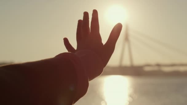 Dziewczyna ręka sylwetka w złotym świetle słonecznym zbliżenie. Marzycielski, romantyczny nastrój - Materiał filmowy, wideo
