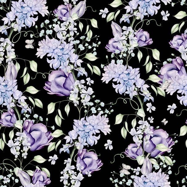 Schöne zarte Aquarell nahtlose Muster mit verschiedenen Blüten von Hyazinthe, Tulpen, Veilchen. Illustration - Foto, Bild