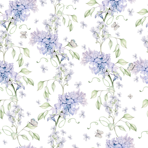 Hermoso patrón sin costura acuarela tierna con diferentes flores de jacinto, tulipanes, violeta. Ilustración - Foto, imagen