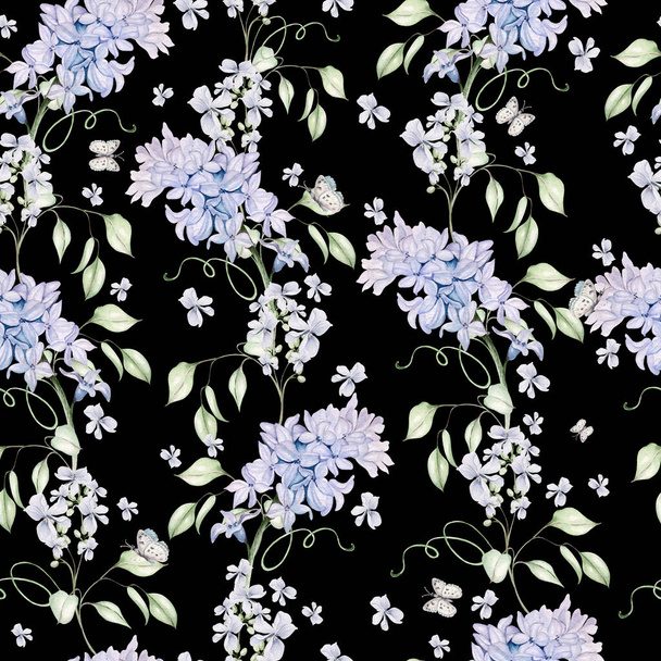Нежный акварельный узор с различными цветками гиацинта, тюльпанов, фиалки. Иллюстрация - Фото, изображение