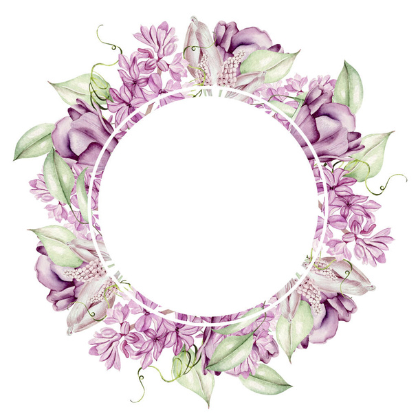 Красивий ніжний акварельний вінок з різними квітами гіацинта, тюльпанів, фіолетового. Ілюстрація
 - Фото, зображення