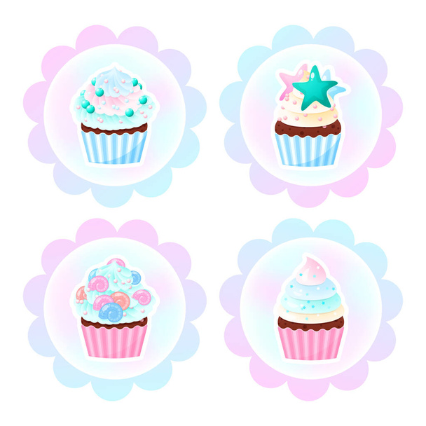 Set of cute birthday cupcake toppers. Illustrations of sweet muffins decorated with cream, pearl sprinkles and mermaid tails. Vector 10 EPS. - Vector, imagen