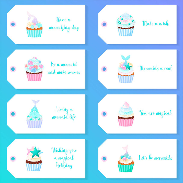 Set of cute birthday gift tags. Illustrations of sweet muffins decorated with cream, pearl sprinkles and mermaid tails. Vector 10 EPS. - Vector, imagen