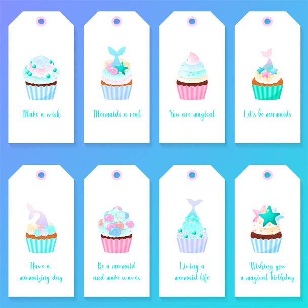 Set of cute birthday gift tags. Illustrations of sweet muffins decorated with cream, pearl sprinkles and mermaid tails. Vector 10 EPS. - Vektori, kuva
