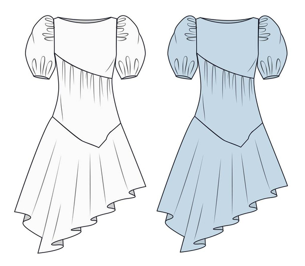 Modèle de croquis plat de mode robe. Robe dessin technique. La robe tendance est blanche et bleue. - Vecteur, image