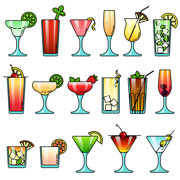 Popular colorido alcohol cóctel vasos icono conjunto para menú, fiesta, marca, web, diseño de aplicaciones en estilo de dibujos animados. Ilustración vectorial de objetos aislados - Vector, imagen