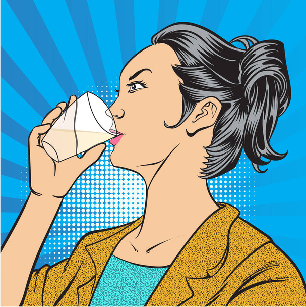 Młoda kobieta pije sok .pop sztuka retro komiks styl ilustracja - Wektor, obraz