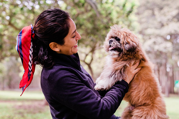Sevgili sahibinin kollarında sevimli bir köpek yavrusu. Yetişkin bir kadınla komik kıvırcık kürklü küçük sevimli köpek.. - Fotoğraf, Görsel