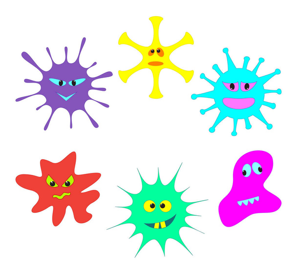 Мультипликационный вирус смайлик символов бактериальной инфекции или заболеваемости в микробиологии jpeg иллюстрации. Микроорганизмы, изолированные на белом. Милые микробные клетки и инфекционные патогены коронавируса - Фото, изображение