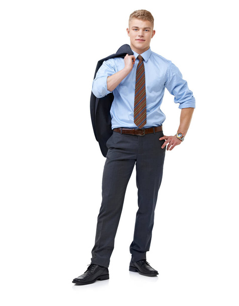 He got the job, now to own it. A young businessman with his jacket over his shoulder isolated on white. - Foto, Bild