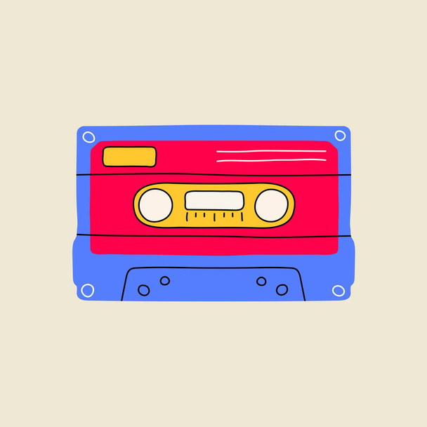 Classic 80s-90s elements in modern style flat, line art style. Hand drawn vector illustration audio or musical cassette. Fashion patch, badge, emblem, logo - Vector, Image