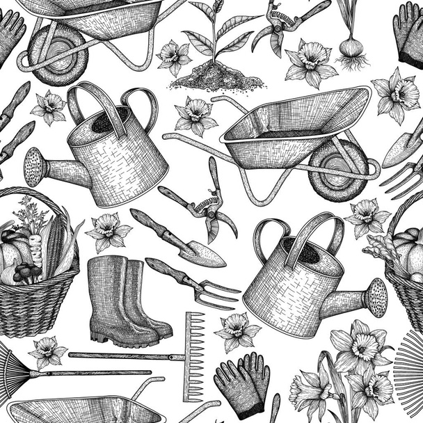  Seamless vector pattern graphic linear garden tools. Wheelbarrow, garden shovel and rake, pruner, rubber boots, household gloves, wicker basket with harvest, seedling, sprout - Vector, Image