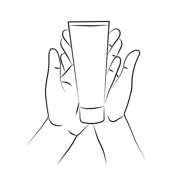 Skin care concept. Hand in realistic gesture hold tube of cosmetic cream. Sketch, linear drawing in minimalist style. Delicate rejuvenation. Natural cosmetics skincare for men and women of all ages - Vektor, Bild