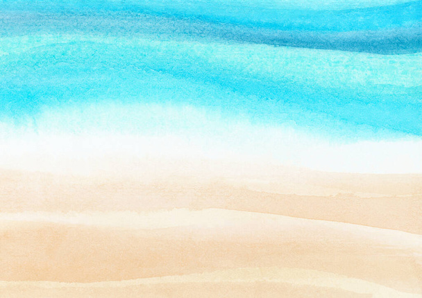 砂浜の背景に青い海の波を水彩画。要旨青い海とビーチの夏の背景バナー、招待状、ポスターやウェブサイトのデザイン、模倣、テキストのためのスペース - 写真・画像