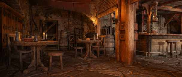 Ampia vista panoramica di fantasia taverna medievale interno locanda. Illustrazione 3D. - Foto, immagini