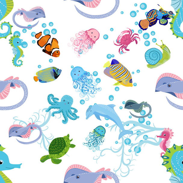 Marine life, fish, animals bright seamless pattern. sea travel, underwater diving animal tropical fish. Jellyfish, whale, shark, seahorse, clown fish, dolphin, turtle emperor fish octopus stingray - Vetor, Imagem