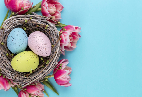 Spring greeting card. Easter eggs in the nest. Spring flowers tulips. - Fotó, kép
