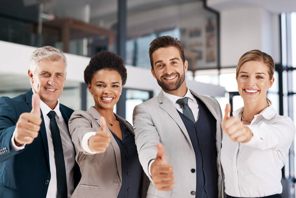 Wishing you all the best. Portrait of a group of businesspeople showing thumbs up in an office. - Foto, Imagen