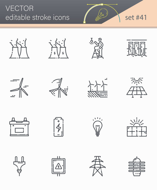 Vector editable stroke power supply and electricity line icon set isolated on transparent background. Alternative energy generation symbols - Vector, Image