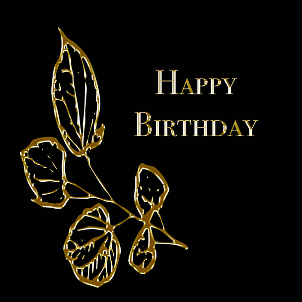 Illustration 3D. Joyeux anniversaire carte de voeux. Éléments décoratifs dorés sur fond noir.  - Photo, image