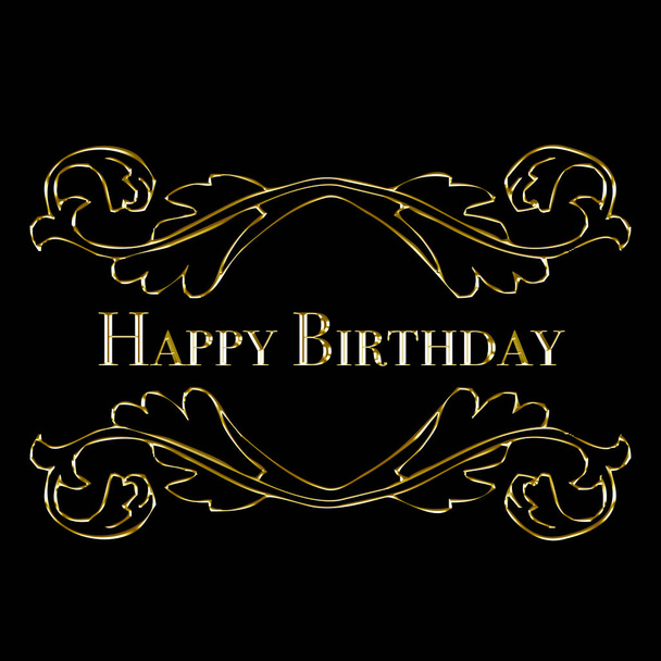 3D illustration. Happy birthday greeting card. Golden decorative elements on a black background.  - Photo, Image