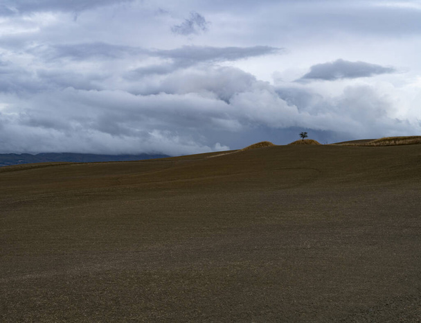 View on hills of Tuscany, Italy. Tuscan landscape with ploughed fields in cloudy autumn. - Photo, Image