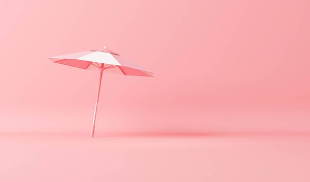 Sombrilla de playa monocromo fondo de color rosa, composición de un solo color. Trendy 3d render para banners de redes sociales, promoción, presentación, marco de imagen. Etapa para la moda en el sitio web. - Foto, imagen