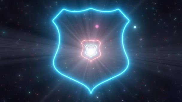 Forma do emblema da polícia do escudo de defesa Esboço Túnel de luz de néon brilhante Textura de fundo abstrata - Foto, Imagem