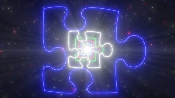 Jigsaw Puzzleteil Form Umriss Leuchtende Neon Light Tunnel Partikel - Abstrakte Hintergrundtextur - Foto, Bild