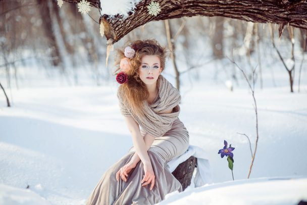 beautiful girl in the winter forest  - Φωτογραφία, εικόνα