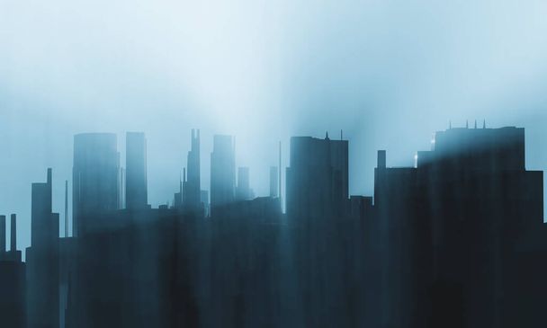朝の青い霧霧の中で将来の近代的な都市のシルエット。都市のスカイラインの背景、 3Dイラスト - 写真・画像