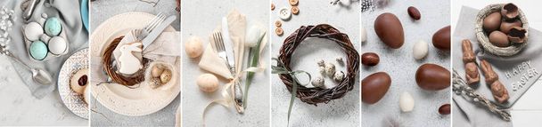 Collage avec beau décor de table de Pâques, délicieux œufs en chocolat et décorations - Photo, image
