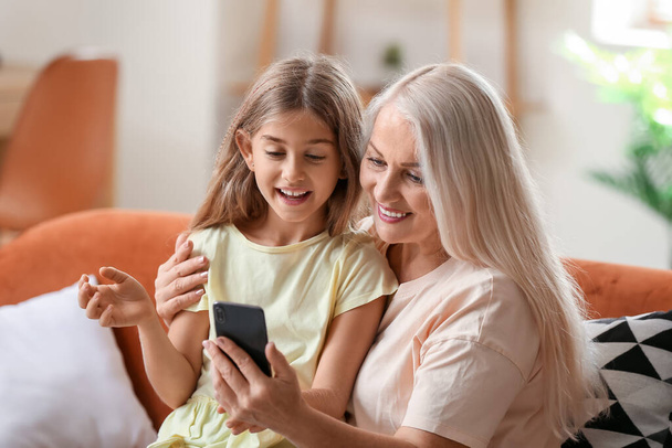 Little girl with her grandmother video chatting on sofa at home - Photo, Image