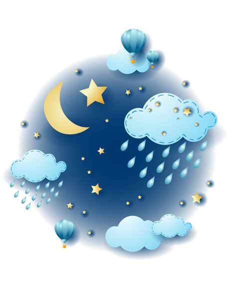 Paysage nocturne avec nuages et pluie, illustration fantaisiste. Vecteur eps10 - Vecteur, image