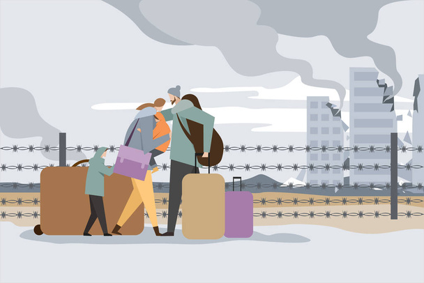 A ilustração de uma família com crianças fugiu de um país dilacerado pela guerra. Conceito anti-guerra - Vetor, Imagem