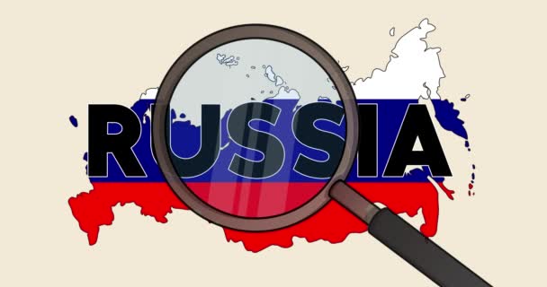 Magnifier with Russia text. Cartoon Tool for research. Animated business analysis concept. - Footage, Video