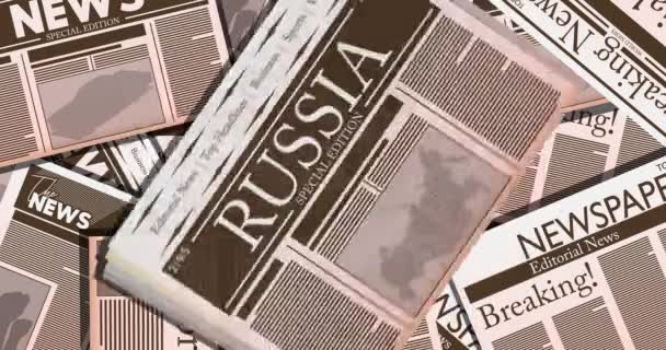 Noviny s textem Rusko jako titulek. 4k rozlišení animace kreslených filmů. Zobrazení novinek z tištěných médií. - Záběry, video