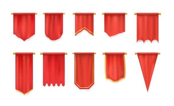 Realistic 3d red pennant textile flag, heraldic template. Advertising canvas empty banners. Samples on pole stand, fabric textile pedestal realistic. Hanging wall pennant mockup. Vector illustration. - ベクター画像