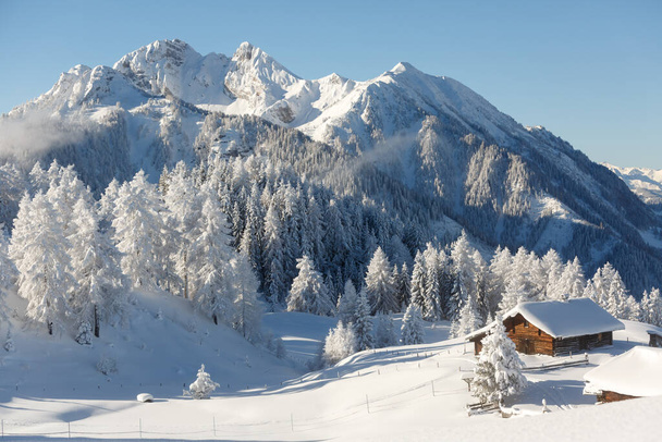 Зимний горный пейзаж с заснеженным лесом и традиционным шале - Фото, изображение