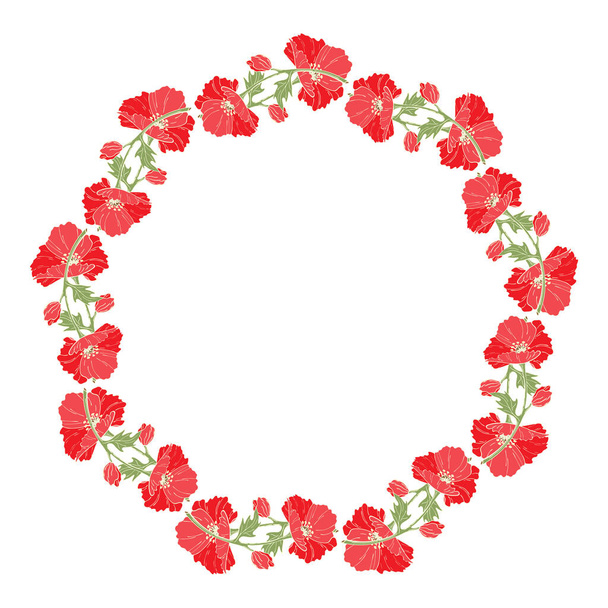 Poppy wreath. Flowers, buds and leaves of poppy in the form of a circle. Hand drawn color vector illustration for your design. - Vetor, Imagem