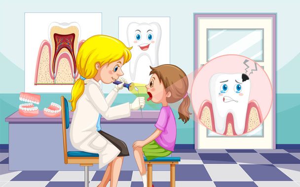 Οδοντίατρος γυναίκα εξέταση των δοντιών του ασθενούς στην κλινική εικόνα - Διάνυσμα, εικόνα