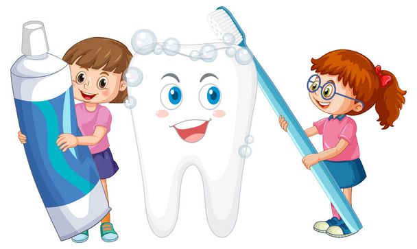 Mutlu çocuklar büyük bir dişi fırçalıyorlar ve beyaz arkaplanda diş macunu tutuyorlar. - Vektör, Görsel