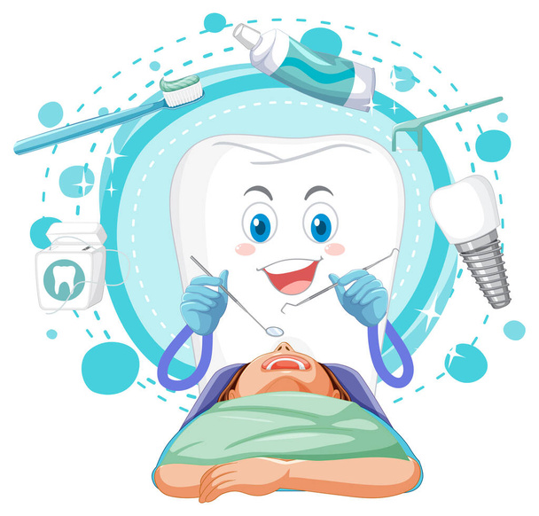 Big tooth examining patient teeth on white background illustration - Vector, Image