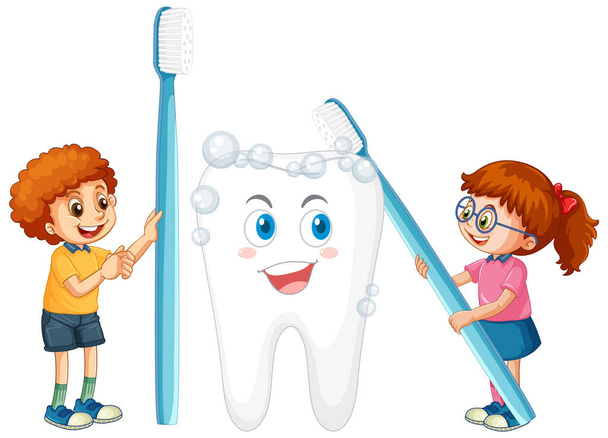 Mutlu çocuklar beyaz arka planda diş fırçasıyla büyük bir dişi fırçalıyorlar. - Vektör, Görsel