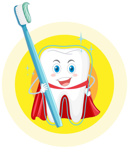 Glückliche Reinigung eines großen Zahnes mit einer Zahnbürste Illustration - Vektor, Bild