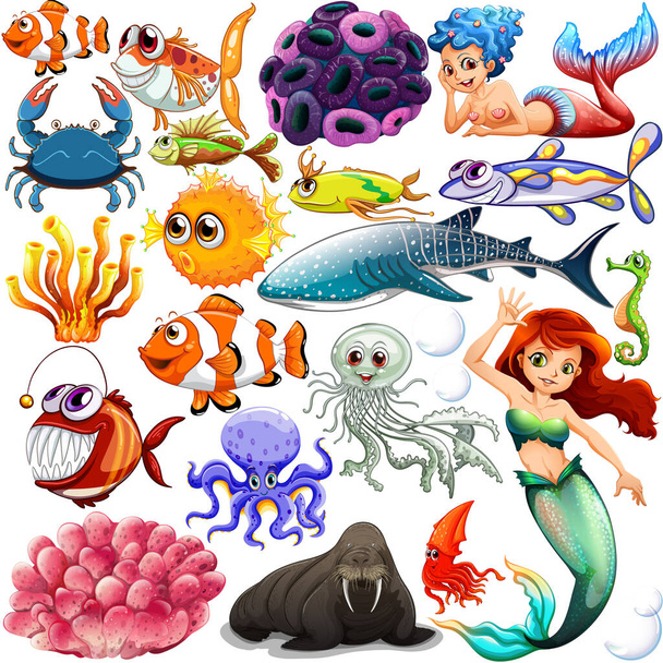 Different types of sea animals illustration - Vector, Image