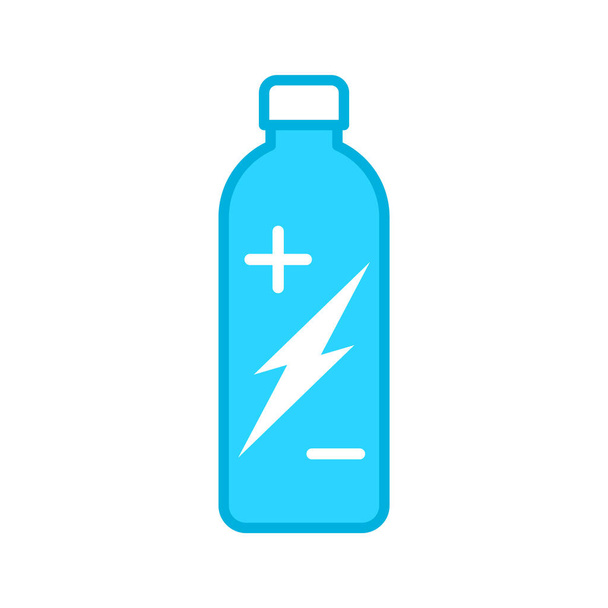 Elektrolyt drink fles icoon. Elektrolyt verrijkt product. Drankcontainer met elektrische ionen. Mineraalwaterteken. Replenseer lichaamsmineralen. Lichaamsvloeistofbalans. Vector illustratie, plat, clip art - Vector, afbeelding